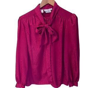 Vintage Hot Pink Blouse - Button Down with Bow - Size 10